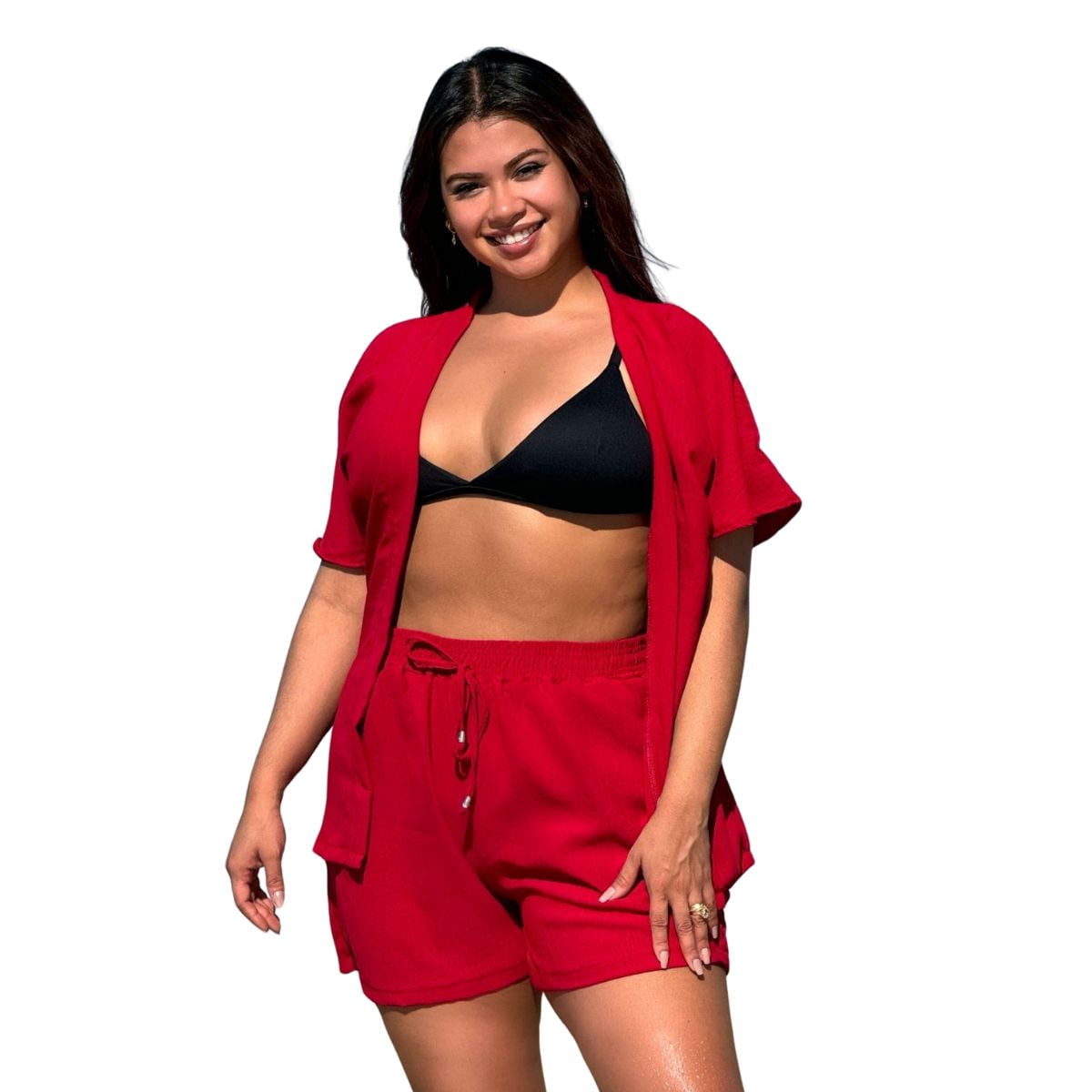 Kimono Conjuntinho De Cropped E Short Conjunto Feminino Plus Size