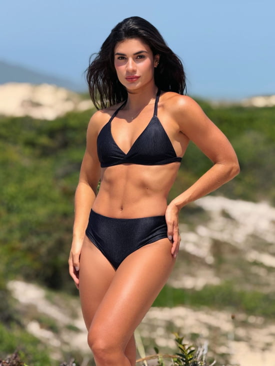 Biquíni Cintura Alta Hot Pant Canelado Preto