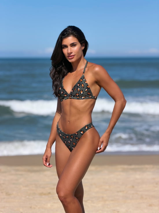 Biquíni Asa Delta c/ Top Amarrar no Pescoço Canelado Verde Escuro