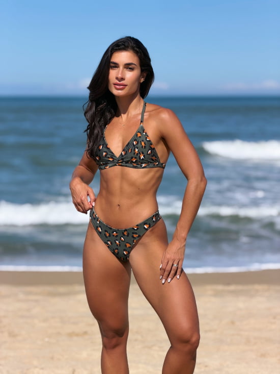 Biquíni Asa Delta c/ Top Amarrar no Pescoço Canelado Verde Escuro