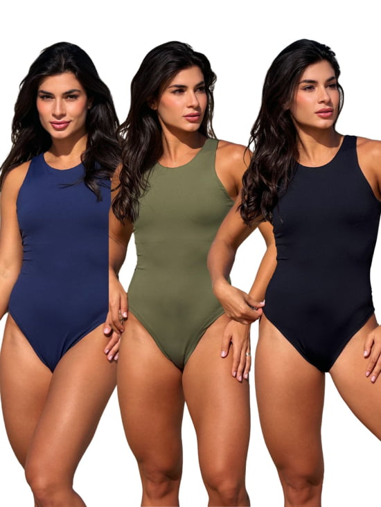 Kit c/ 3 Bodys Decote Canoa Regata c/ Forro Liso Tecido Premium Poliamida 