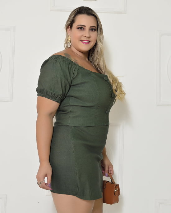 Conjunto Cropped e Short Saia Alfaiataria Em Bengaline Plus Size 