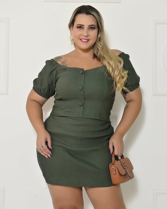 Conjunto Cropped e Short Saia Alfaiataria Em Bengaline Plus Size 