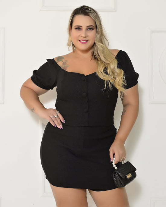 Conjunto Cropped e Short Saia Alfaiataria Em Bengaline Plus Size 