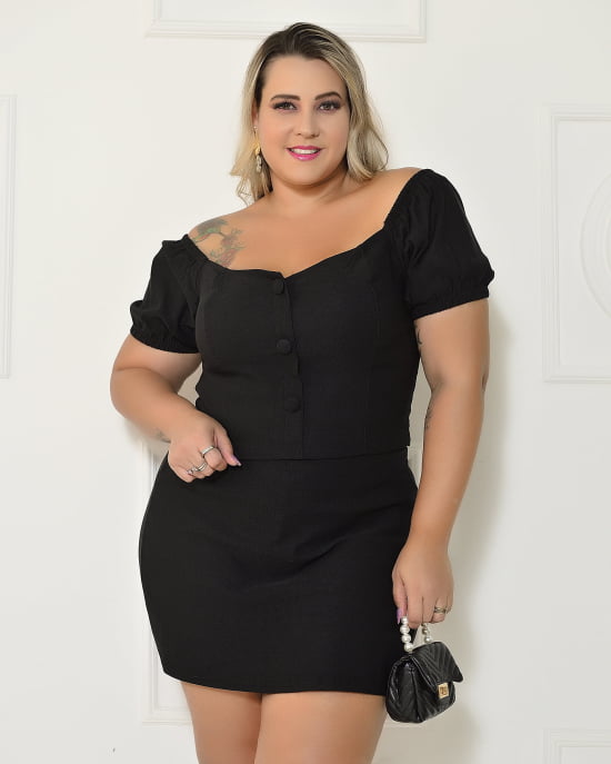 Conjunto Cropped e Short Saia Alfaiataria Em Bengaline Plus Size 