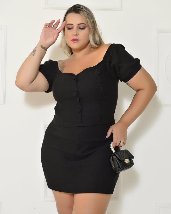 Conjunto Cropped e Short Saia Alfaiataria Em Bengaline Plus Size 