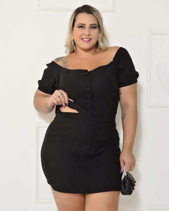 Conjunto Cropped e Short Saia Alfaiataria Em Bengaline Plus Size 