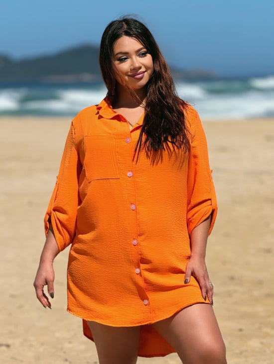 Saída de Praia Camisa/Vestido Manga ¾ Plus Size