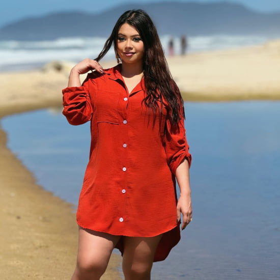 Saída de Praia Camisa/Vestido Manga ¾ Plus Size