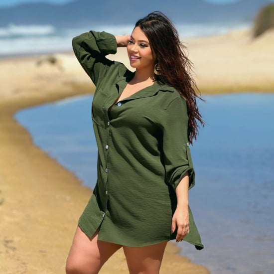 Saída de Praia Camisa/Vestido Manga ¾ Plus Size