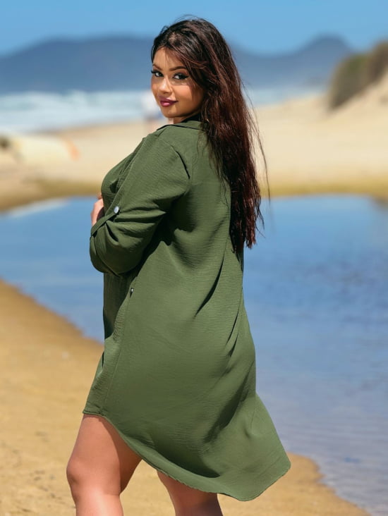 Saída de Praia Camisa/Vestido Manga ¾ Plus Size