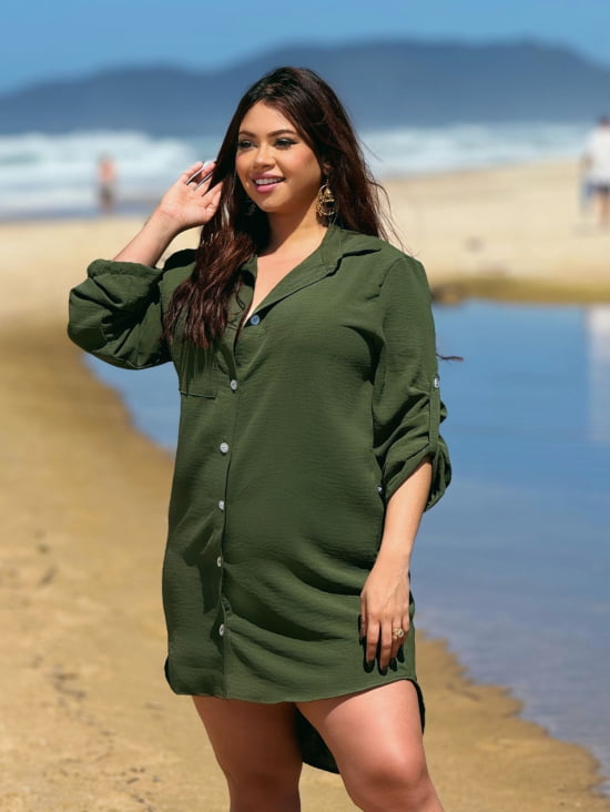 Saída de Praia Camisa/Vestido Manga ¾ Plus Size