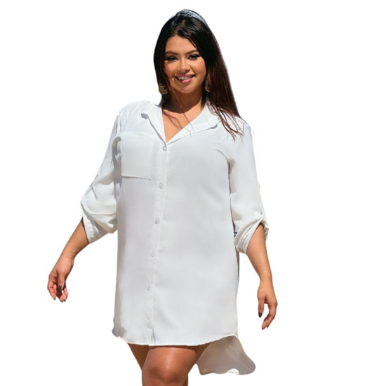 Saída de Praia Camisa/Vestido Manga ¾ Plus Size