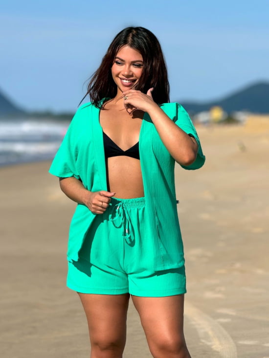 Conjunto Feminino Kimono/Cardigan e Short Plus Size - Julia