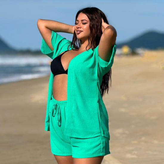 Conjunto Feminino Kimono/Cardigan e Short Plus Size - Julia