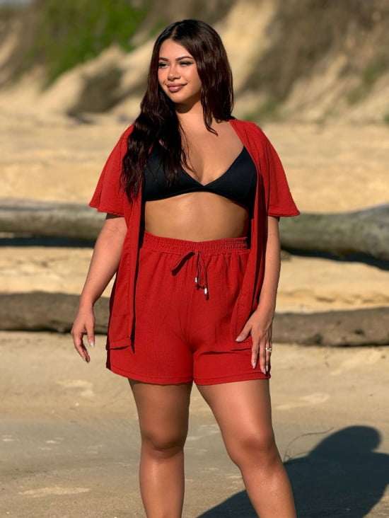 Conjunto Feminino Kimono/Cardigan e Short Plus Size - Julia