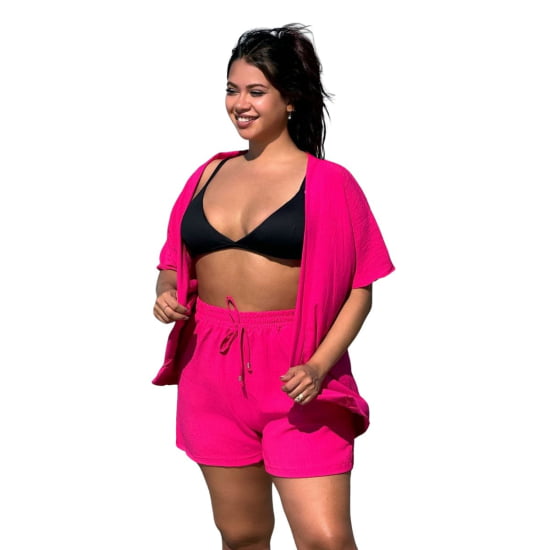 Conjunto Feminino Kimono/Cardigan e Short Plus Size - Julia