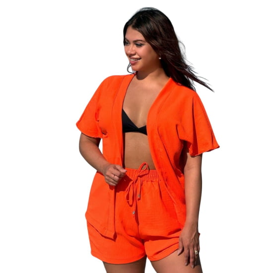 Conjunto Feminino Kimono/Cardigan e Short Plus Size - Julia