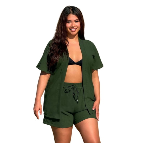 Conjunto Feminino Kimono/Cardigan e Short Plus Size - Julia