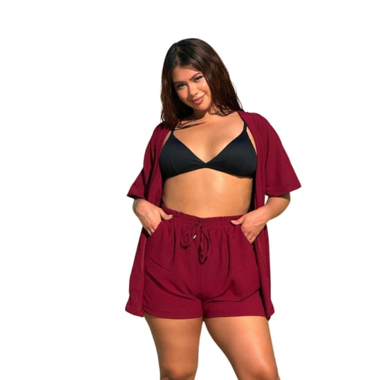 Conjunto Feminino Kimono/Cardigan e Short Plus Size - Julia