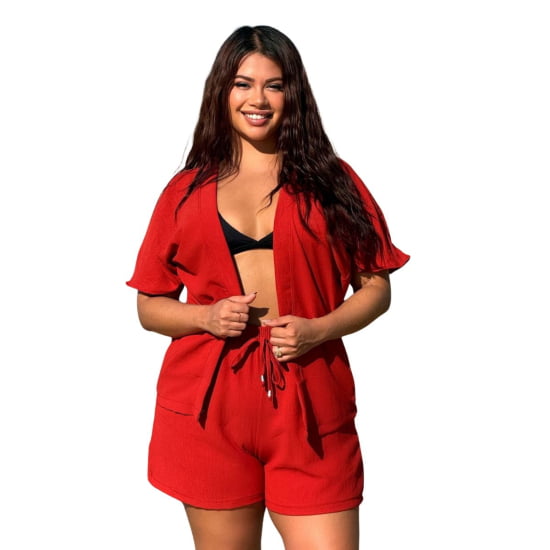 Conjunto Feminino Kimono/Cardigan e Short Plus Size - Julia