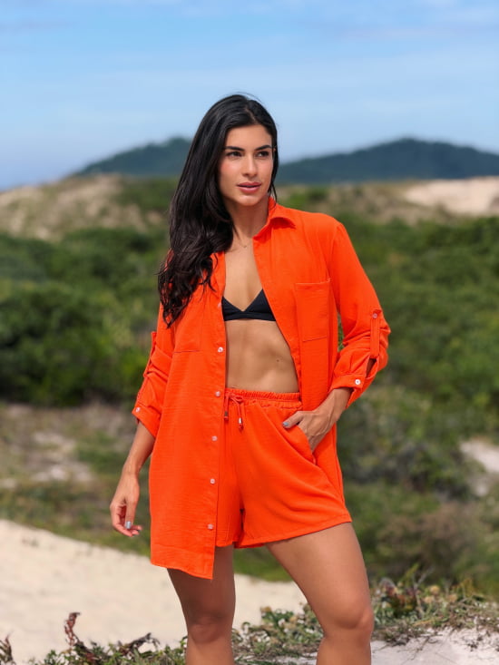 Conjunto Saída de Praia Camisão e Short Verão - Não transparente - Ideal para uso casual e praia
