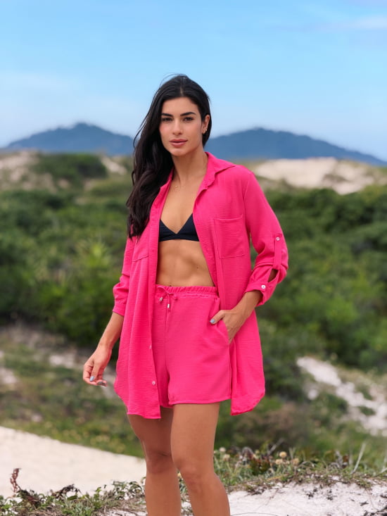 Conjunto Saída de Praia Camisão e Short Verão - Não transparente - Ideal para uso casual e praia