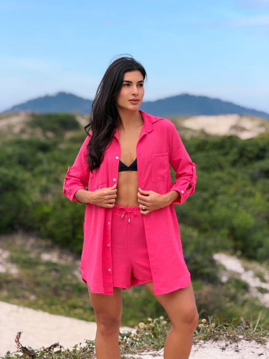Conjunto Saída de Praia Camisão e Short Verão - Não transparente - Ideal para uso casual e praia