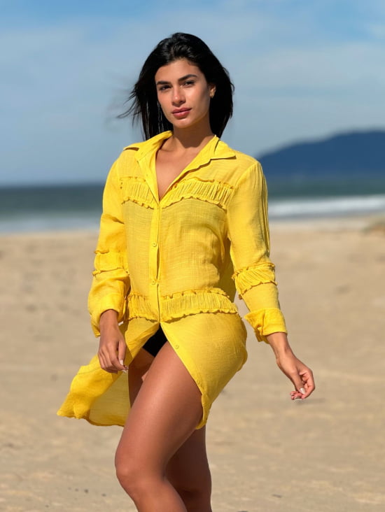 Saída De Praia Camisa Elegante Manga Longa