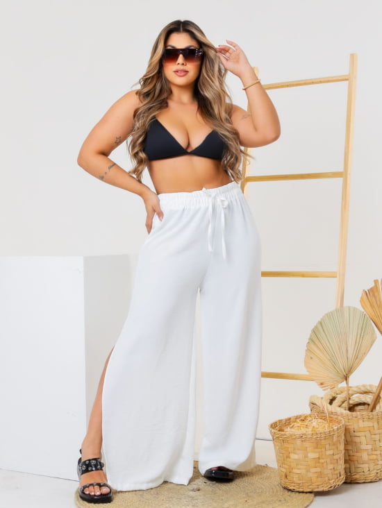 Saída Praia Calça Pantalona Com Fenda Plus Size 