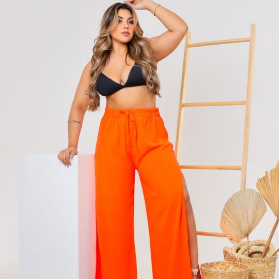 Saída Praia Calça Pantalona Com Fenda Plus Size 