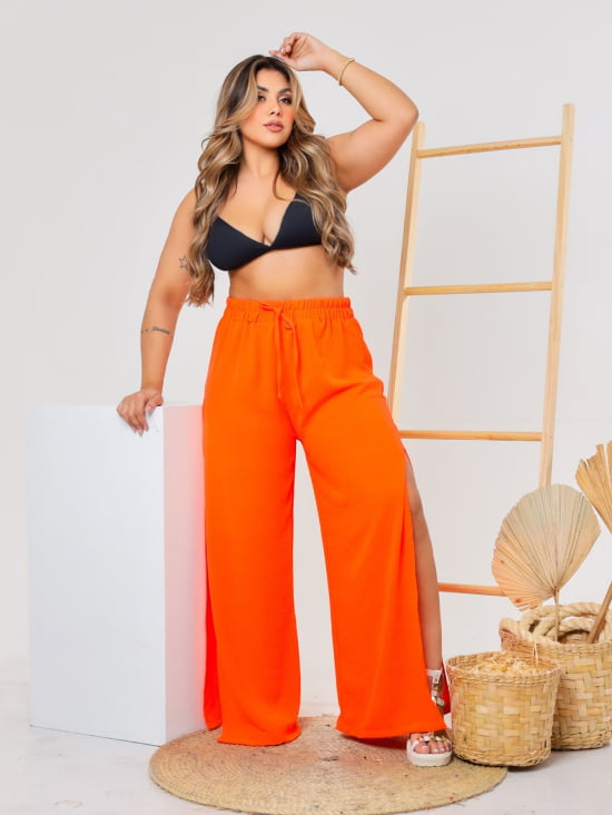 Saída Praia Calça Pantalona Com Fenda Plus Size 