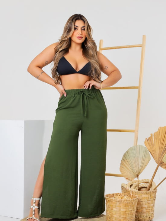 Saída Praia Calça Pantalona Com Fenda Plus Size 