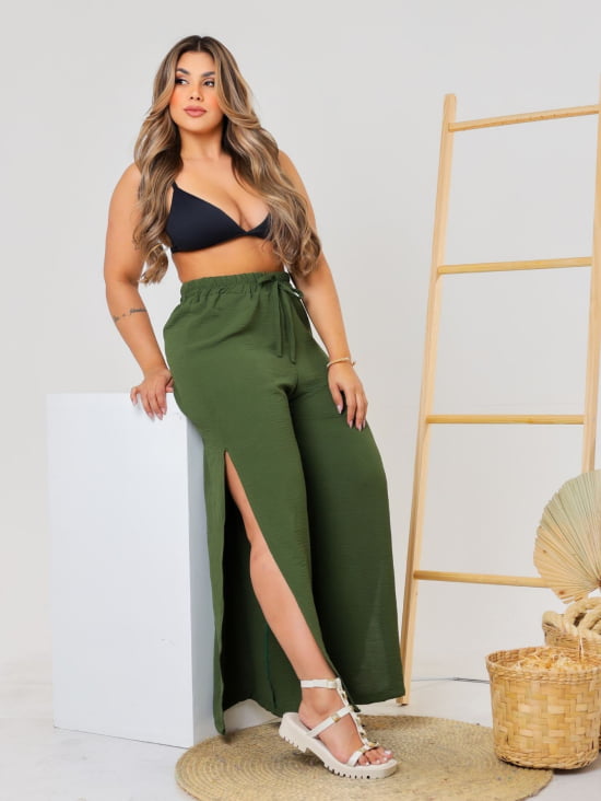 Saída Praia Calça Pantalona Com Fenda Plus Size 