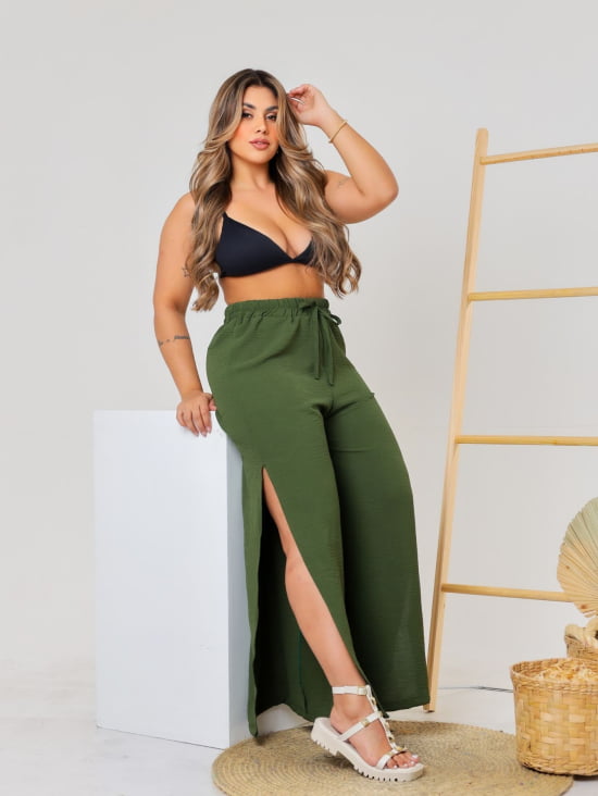 Saída Praia Calça Pantalona Com Fenda Plus Size 