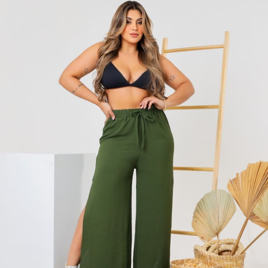 Saída Praia Calça Pantalona Com Fenda Plus Size 